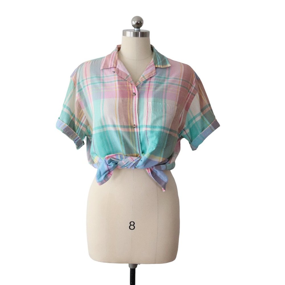 SOLD vintage 80s 90s eddie bauer pastel plaid button shirt M/L madras blouse - Picture 1 of 9